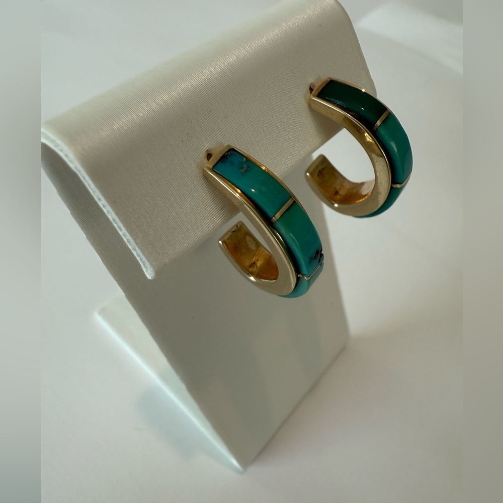 Tony Sanchez Handmade 14K Gold & Turquoise Inlay Huggie Earrings - Picture 2 of 8